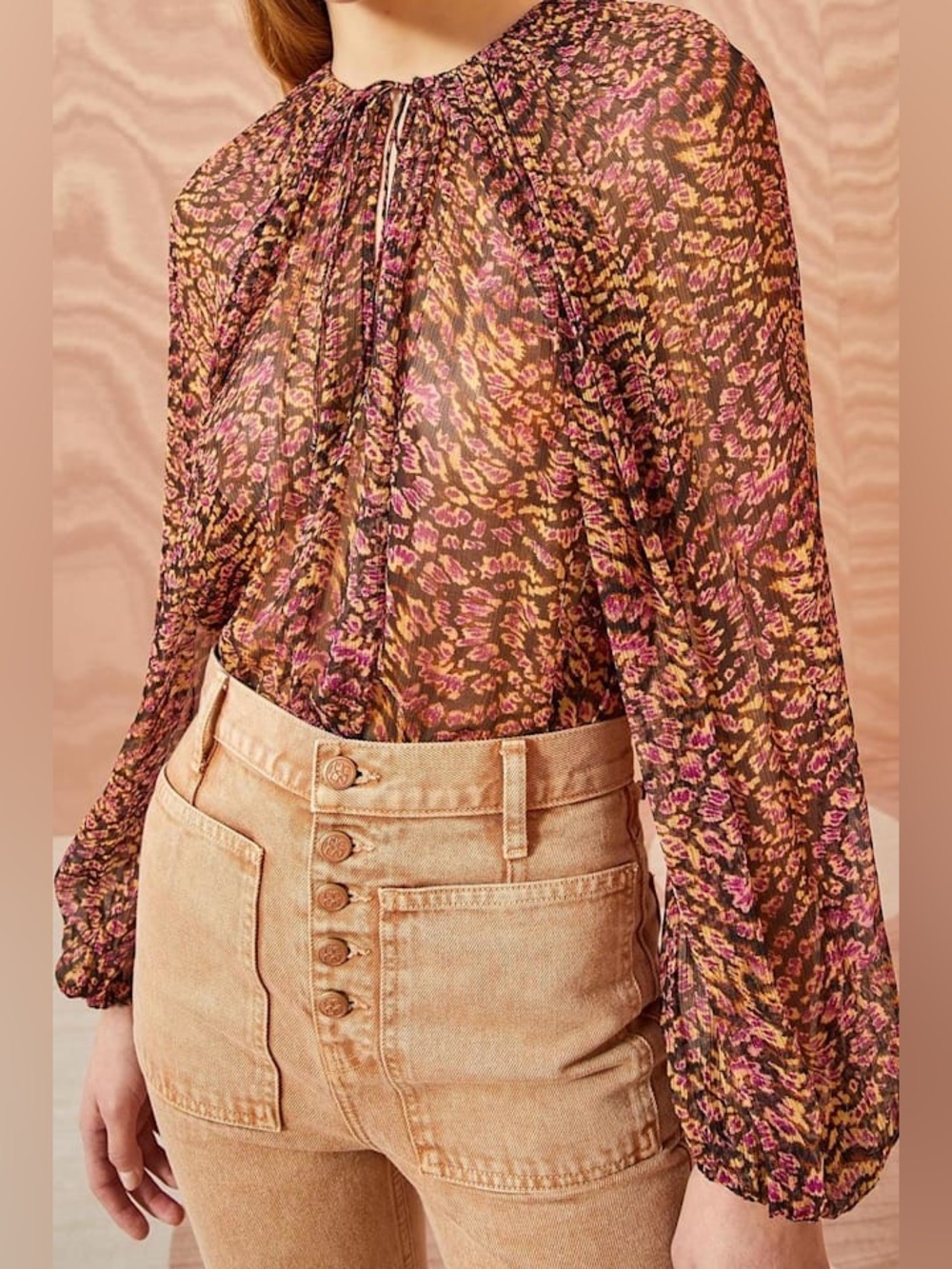 Ulla Johnson Pauline Blouse Pomegranate Sheer Leopard Print Tie Neck Size 2 Flow